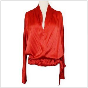 Yoyo Yeung Rust Red Stretch Silk Drawstring Sash Tie Waist Blouson Blouse Top M